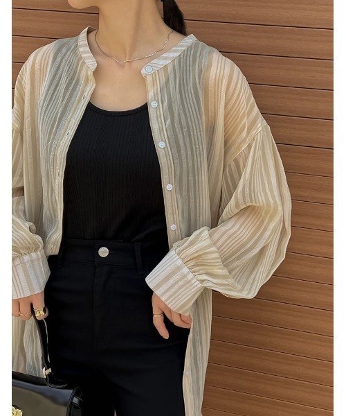 Re:EDIT（リエディ）の「[2022A/W COLLECTION]シアーストライプマオカラーシャツ（シャツ/ブラウス・レディース・ベージュ/ホワイト・LARGE/MEDIUM）」の14枚目の写真