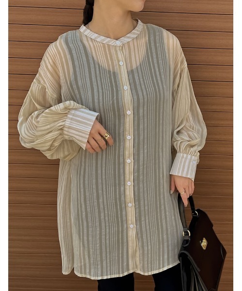 Re:EDIT（リエディ）の「[2022A/W COLLECTION]シアーストライプマオカラーシャツ（シャツ/ブラウス・レディース・ベージュ/ホワイト・LARGE/MEDIUM）」の15枚目の写真