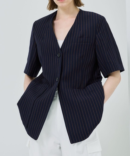 city（シティ）の「【CITY】ヘリンボンハーフスリーブジャケット（ノーカラージャケット・レディース・ベージュ/ネイビー/グリーン・FREE）」の3枚目の写真