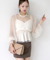 プリーツスリーブペプラムチュールブラウス