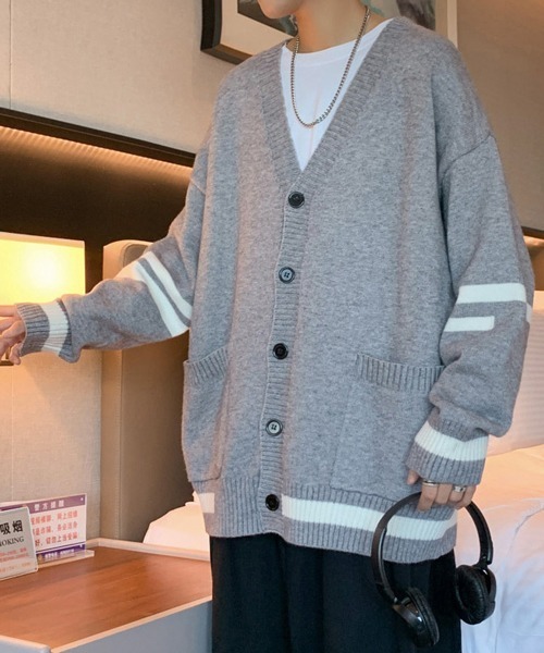 NOWLE（ノウル）の「【NOWLE】ライン柄 ポケット カーディガン（カーディガン/ボレロ・メンズ・グレー/ブラック・MEDIUM/LARGE/X-LARGE/XX-LARGE）」の5枚目の写真