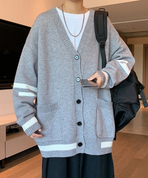 NOWLE（ノウル）の「【NOWLE】ライン柄 ポケット カーディガン（カーディガン/ボレロ・メンズ・グレー/ブラック・MEDIUM/LARGE/X-LARGE/XX-LARGE）」の4枚目の写真