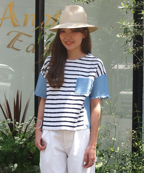 Another Edition(アナザーエディション)の「デニム切り替えコンビショートスリーブ/AEBC DNMキリカエ COMBI SSL(Tシャツ/カットソー・レディース・ホワイト/シャーベット/ネイビー・フリー)」の3枚目の写真