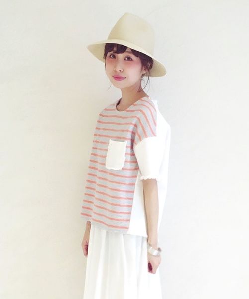 Another Edition(アナザーエディション)の「デニム切り替えコンビショートスリーブ/AEBC DNMキリカエ COMBI SSL(Tシャツ/カットソー・レディース・ホワイト/シャーベット/ネイビー・フリー)」の1枚目の写真