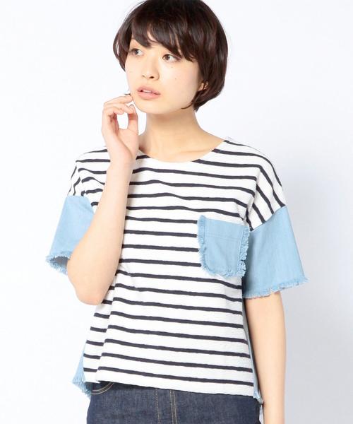 Another Edition(アナザーエディション)の「デニム切り替えコンビショートスリーブ/AEBC DNMキリカエ COMBI SSL(Tシャツ/カットソー・レディース・ホワイト/シャーベット/ネイビー・フリー)」の17枚目の写真