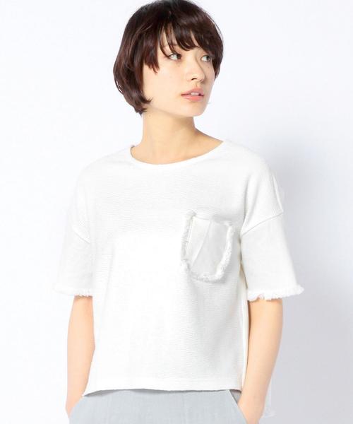 Another Edition(アナザーエディション)の「デニム切り替えコンビショートスリーブ/AEBC DNMキリカエ COMBI SSL(Tシャツ/カットソー・レディース・ホワイト/シャーベット/ネイビー・フリー)」の2枚目の写真