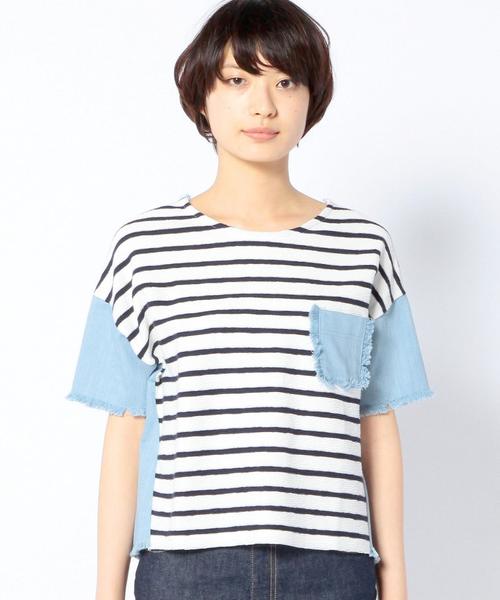 Another Edition(アナザーエディション)の「デニム切り替えコンビショートスリーブ/AEBC DNMキリカエ COMBI SSL(Tシャツ/カットソー・レディース・ホワイト/シャーベット/ネイビー・フリー)」の15枚目の写真