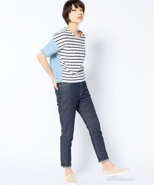 Another Edition(アナザーエディション)の「デニム切り替えコンビショートスリーブ/AEBC DNMキリカエ COMBI SSL(Tシャツ/カットソー・レディース・ホワイト/シャーベット/ネイビー・フリー)」の8枚目の写真
