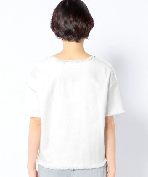 Another Edition(アナザーエディション)の「デニム切り替えコンビショートスリーブ/AEBC DNMキリカエ COMBI SSL(Tシャツ/カットソー・レディース・ホワイト/シャーベット/ネイビー・フリー)」の4枚目の写真