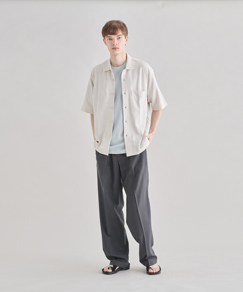 handvaerk ピケオープンカラーシャツ(チャコール　ベージュLサイズ) クーポン】【セール 30%OFF】【Handvaerk/ハンドバーク】1503