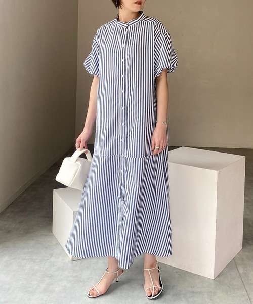 She's Closet(シーズクローゼット)の「バンドカラーボリュームスリーブ半袖マーメイドストライプロングシャツワンピース(シャツワンピース・レディース・ネイビー/ライトブルー/ブラック・FREE)」の3枚目の写真