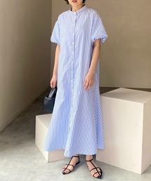 バンドカラーボリュームスリーブ半袖マーメイドストライプロングシャツワンピース