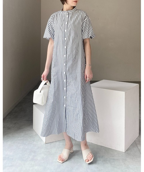 She's Closet(シーズクローゼット)の「バンドカラーボリュームスリーブ半袖マーメイドストライプロングシャツワンピース(シャツワンピース・レディース・ネイビー/ライトブルー/ブラック・FREE)」の18枚目の写真