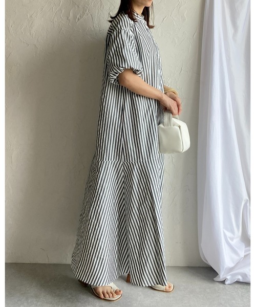 She's Closet(シーズクローゼット)の「バンドカラーボリュームスリーブ半袖マーメイドストライプロングシャツワンピース(シャツワンピース・レディース・ネイビー/ライトブルー/ブラック・FREE)」の14枚目の写真