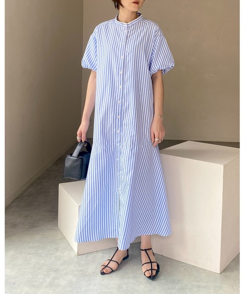 She's Closet(シーズクローゼット)の「バンドカラーボリュームスリーブ半袖マーメイドストライプロングシャツワンピース(シャツワンピース・レディース・ネイビー/ライトブルー/ブラック・FREE)」の5枚目の写真