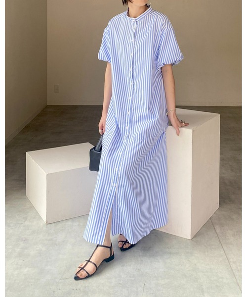 She's Closet(シーズクローゼット)の「バンドカラーボリュームスリーブ半袖マーメイドストライプロングシャツワンピース(シャツワンピース・レディース・ネイビー/ライトブルー/ブラック・FREE)」の19枚目の写真