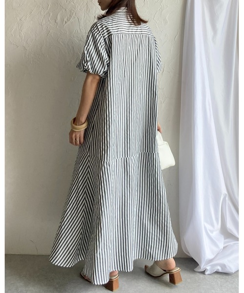 She's Closet(シーズクローゼット)の「バンドカラーボリュームスリーブ半袖マーメイドストライプロングシャツワンピース(シャツワンピース・レディース・ネイビー/ライトブルー/ブラック・FREE)」の20枚目の写真