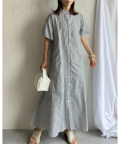 She's Closet(シーズクローゼット)の「バンドカラーボリュームスリーブ半袖マーメイドストライプロングシャツワンピース(シャツワンピース・レディース・ネイビー/ライトブルー/ブラック・FREE)」の11枚目の写真