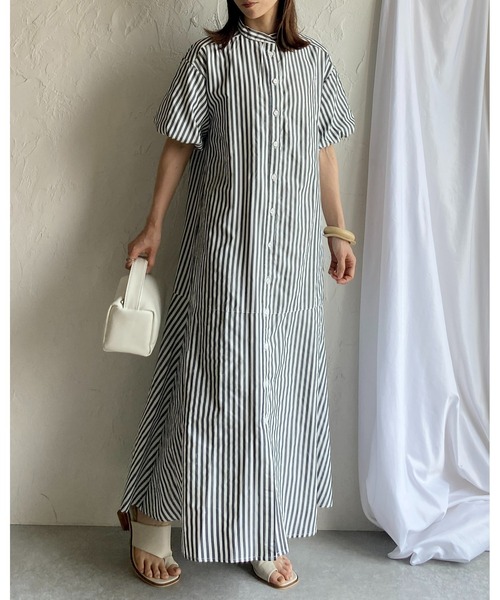 She's Closet(シーズクローゼット)の「バンドカラーボリュームスリーブ半袖マーメイドストライプロングシャツワンピース(シャツワンピース・レディース・ネイビー/ライトブルー/ブラック・FREE)」の16枚目の写真
