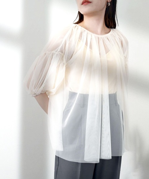 STYLEBLOCK（スタイルブロック）の「チュールレイヤードギャザーブラウス（シャツ/ブラウス・レディース・クリーム/ブラック/アイボリー・M）」の2枚目の写真