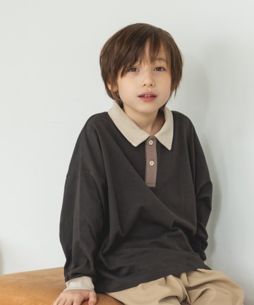 pairmanon（ペアマノン）の「配色 長袖 ポロTシャツ（Tシャツ/カットソー・キッズ・ダークブルー/ブラック/ライトベージュ/ブラウン系その他/ブルー系その他/その他/ミント/ブラック系その他6・100/120/130/110/150/80/140/90）」の2枚目の写真