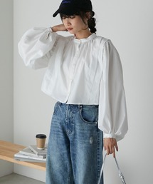 【forksy.】タックスリーブショート丈ボリュームブラウス
