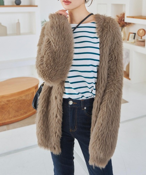 KOBE LETTUCE(コウベレタス)の「シャギーニットVネックロングカーディガン(カーディガン/ボレロ・レディース・グレー系/モカ/オフホワイト/ピンク・M)」の13枚目の写真