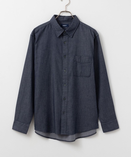 NAVY（ネイビー）の「NAVY ピケ無地胸ポケット付き長袖シャツ（シャツ/ブラウス・メンズ・ホワイト/ネイビー・M/L/XL）」の2枚目の写真