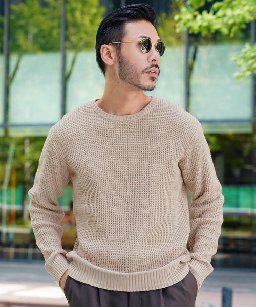 jiggys shop(ジギーズショップ)の「ラーベン編みクルーネック綿ニット(ニット/セーター・メンズ・ブラック/ブルー系その他/ピンク/グレー/ベージュ/ネイビー・MEDIUM/LARGE)」の4枚目の写真