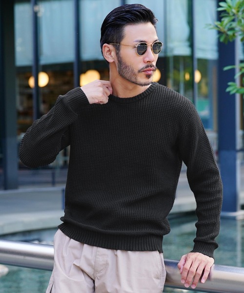 jiggys shop(ジギーズショップ)の「ラーベン編みクルーネック綿ニット(ニット/セーター・メンズ・ブラック/ブルー系その他/ピンク/グレー/ベージュ/ネイビー・MEDIUM/LARGE)」の2枚目の写真