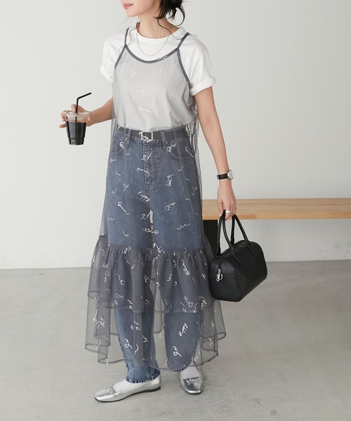 BONLECILL（ボンルシール）の「チュールロゴプリントキャミソールフリルワンピース（ワンピース・レディース・ブルー/チャコールグレー/ピンク/ブラック/アイボリー・FREE）」の3枚目の写真