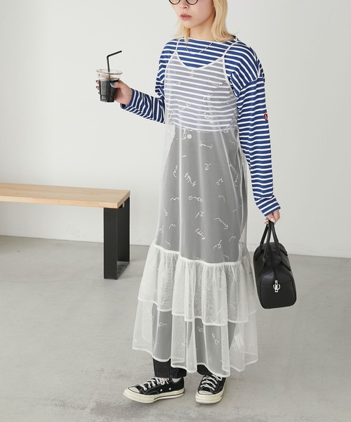 BONLECILL（ボンルシール）の「チュールロゴプリントキャミソールフリルワンピース（ワンピース・レディース・ブルー/チャコールグレー/ピンク/ブラック/アイボリー・FREE）」の2枚目の写真