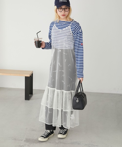 BONLECILL（ボンルシール）の「チュールロゴプリントキャミソールフリルワンピース（ワンピース・レディース・ブルー/チャコールグレー/ピンク/ブラック/アイボリー・FREE）」の8枚目の写真