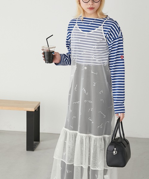 BONLECILL（ボンルシール）の「チュールロゴプリントキャミソールフリルワンピース（ワンピース・レディース・ブルー/チャコールグレー/ピンク/ブラック/アイボリー・FREE）」の9枚目の写真