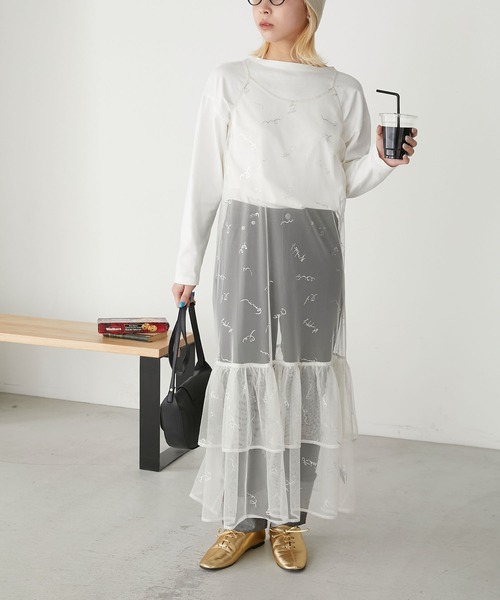 BONLECILL（ボンルシール）の「チュールロゴプリントキャミソールフリルワンピース（ワンピース・レディース・ブルー/チャコールグレー/ピンク/ブラック/アイボリー・FREE）」の10枚目の写真