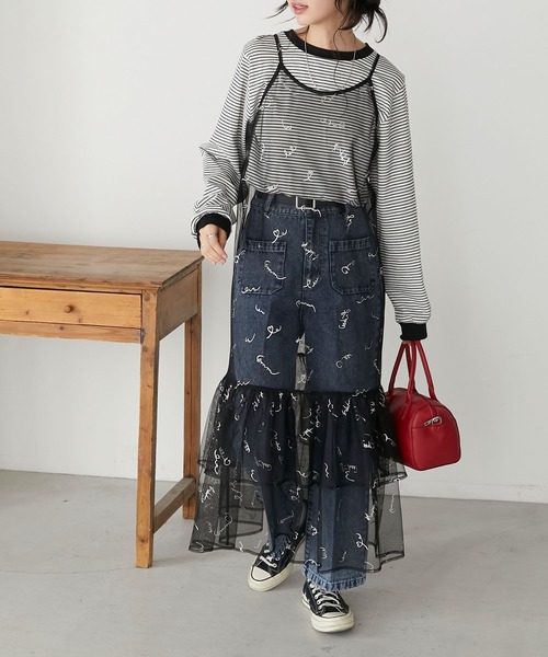 BONLECILL（ボンルシール）の「チュールロゴプリントキャミソールフリルワンピース（ワンピース・レディース・ブルー/チャコールグレー/ピンク/ブラック/アイボリー・FREE）」の12枚目の写真