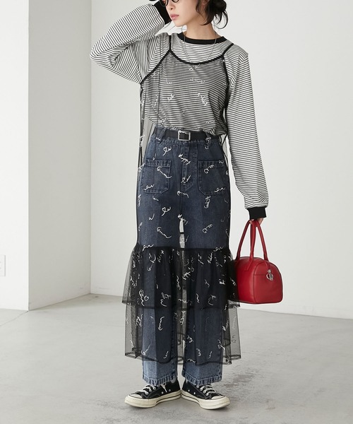 BONLECILL（ボンルシール）の「チュールロゴプリントキャミソールフリルワンピース（ワンピース・レディース・ブルー/チャコールグレー/ピンク/ブラック/アイボリー・FREE）」の13枚目の写真