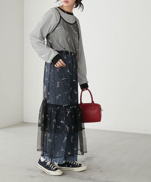 BONLECILL（ボンルシール）の「チュールロゴプリントキャミソールフリルワンピース（ワンピース・レディース・ブルー/チャコールグレー/ピンク/ブラック/アイボリー・FREE）」の14枚目の写真