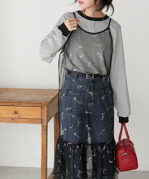 BONLECILL（ボンルシール）の「チュールロゴプリントキャミソールフリルワンピース（ワンピース・レディース・ブルー/チャコールグレー/ピンク/ブラック/アイボリー・FREE）」の21枚目の写真