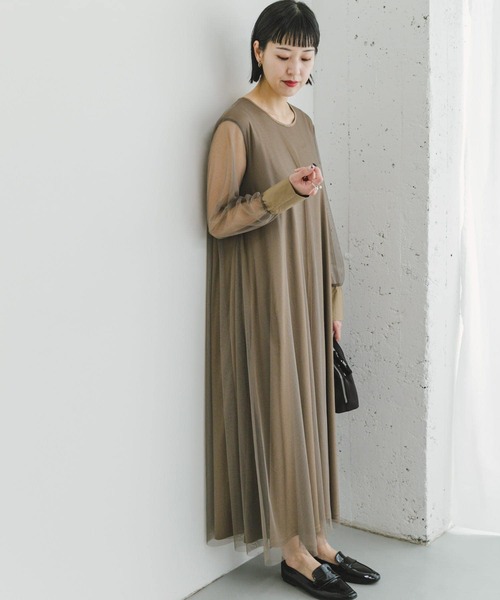 URBANRESEARCH チュールレイヤードロングスリーブワンピース モカ ITEMS URBANRESEARCH（アイテムズ アーバンリサーチ）の