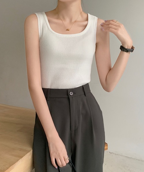 MILAE（ミレ）の「ベーシックリブ編みタンクトップ（タンクトップ・レディース・ホワイト/ブラック/ライトピンク/ライトベージュ/ライトブルー/ライトイエロー・FREE）」の7枚目の写真