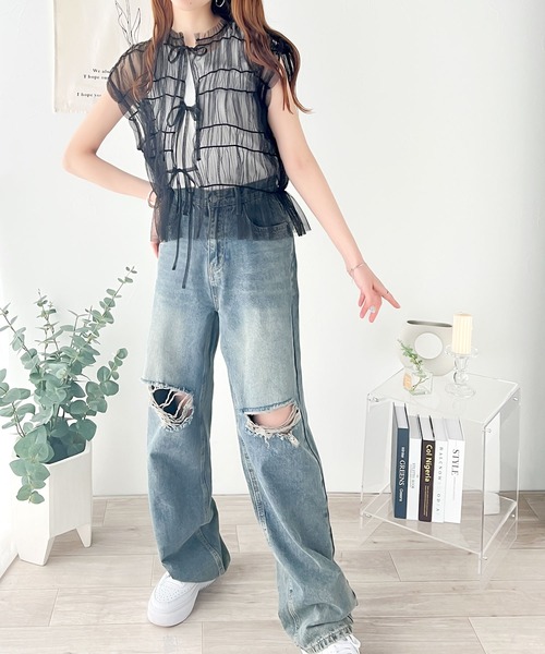 classicalelf(クラシカルエルフ)の「コーデに遊び心をプラスする。前後2WAYチュールギャザーリボントップス(Tシャツ/カットソー・レディース・ブラック/グレイッシュベージュ/グレー/オフホワイト・LARGE/MEDIUM/SMALL/X-LARGE)」の6枚目の写真