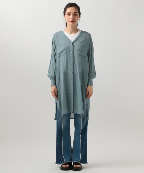 BAYFLOW（ベイフロー）の「【選べる着丈】シアーシャツワンピース（ワンピース・レディース・グレー/ブルー/ピンク/モカ/ピンク系/ネイビー系・X-SMALL/SMALL/MEDIUM）」の14枚目の写真