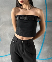 【LVEU.】ベルトデザインベアトップ / トップス チューブトップ ベアトップ ベルト ストレッチ レイヤード クロップド ショート ブラック グレー ホワイト