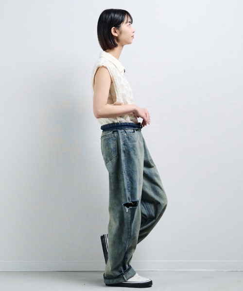 MERLOT（メルロー）の「透かし編みポロベスト（ポロシャツ・レディース・ブラック/ナチュラル・FREE）」の8枚目の写真