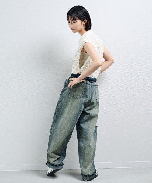 MERLOT（メルロー）の「透かし編みポロベスト（ポロシャツ・レディース・ブラック/ナチュラル・FREE）」の7枚目の写真