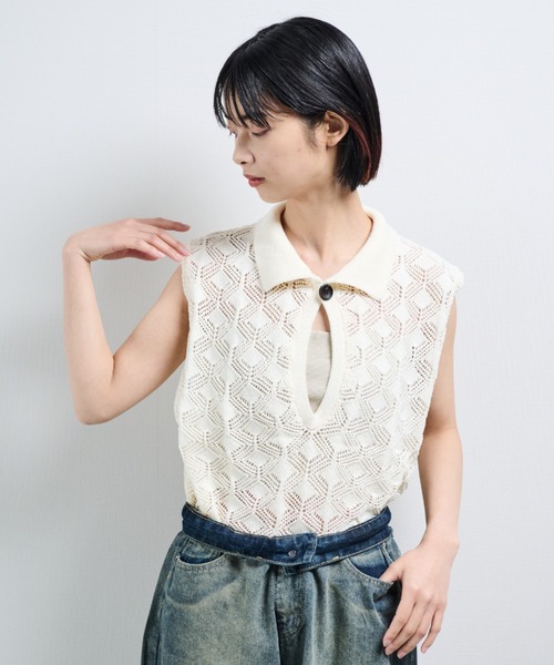 MERLOT（メルロー）の「透かし編みポロベスト（ポロシャツ・レディース・ブラック/ナチュラル・FREE）」の10枚目の写真