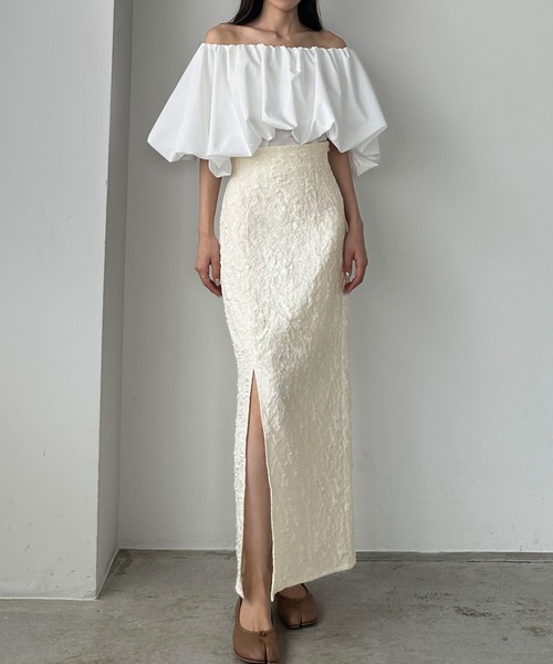 Louere（ルエレ）の「ジャガードハイウエストスリットIラインスカート[高身長サイズMT/低身長サイズS有り]（スカート・レディース・ブラック/アイボリー/ベージュ・X-LARGE/LARGE/MEDIUM/SMALL/MT）」の7枚目の写真