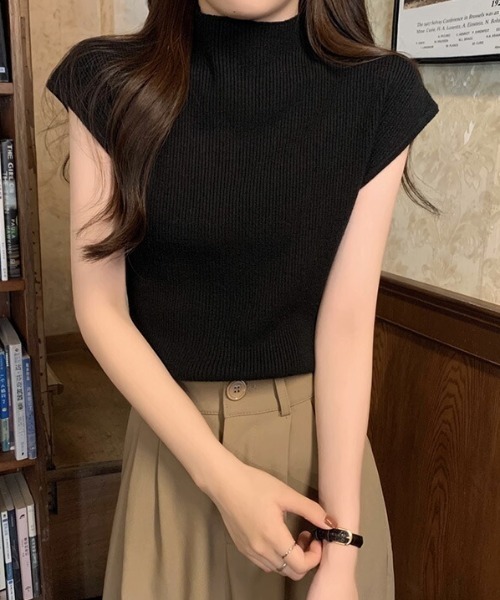 AMELY(エミリー)の「ハイネックサマーニット(Tシャツ/カットソー・レディース・ホワイト/アイボリー/ブラック/グレー/ベージュ・フリー)」の3枚目の写真