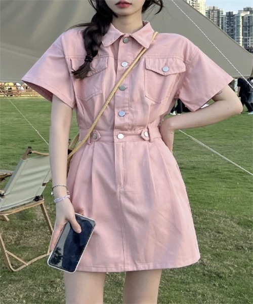 FREE STYLISTS（フリー スタイリスト）の「レディース デニムワンピース（ワンピース・レディース・ネイビー/サックスブルー/ピンク/ベージュ・S/M/L）」の4枚目の写真